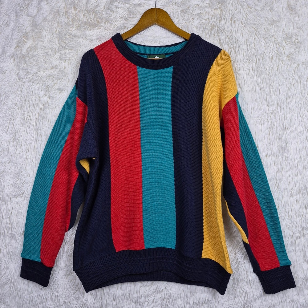 Vintage Jantzen Mens Large Colorblock Stripe Crewneck Sweater Made in USA